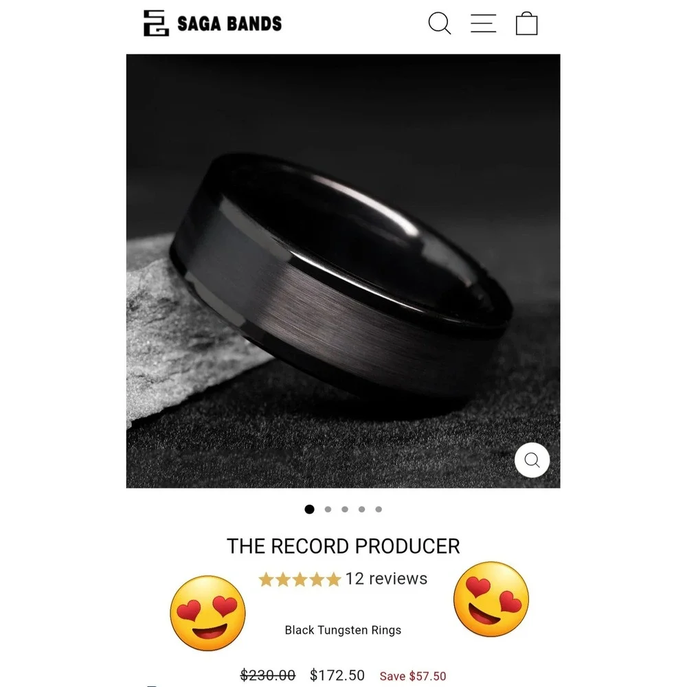 Saga Bands The Record Producer Black Tungsten Ring Mens Wedding Band Size 6 8mm